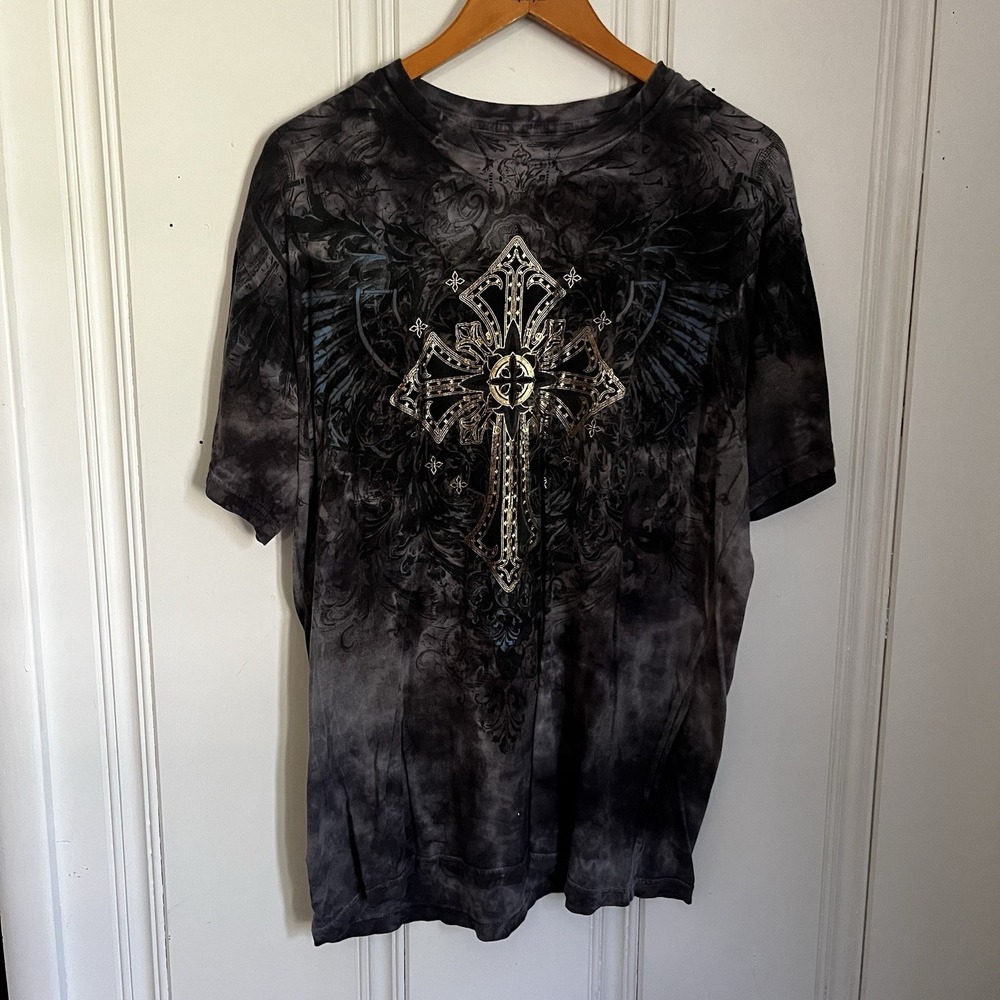 AXR Xavier Men's XL Cross Wings Graphic Tee Black Gray Tie Dye Gothic Streetwear